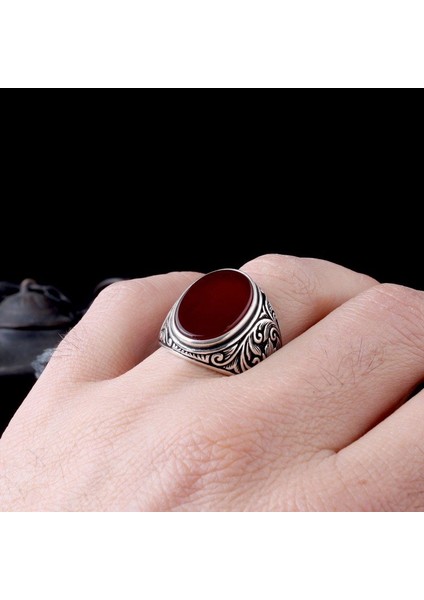 Akik Taşlı Kalem Işleme Motifli 925 Ayar Gümüş Erkek Yüzük modelleri