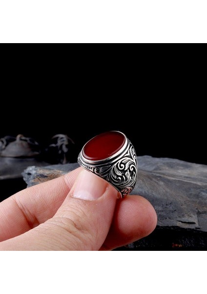 Akik Taşlı Kalem Işleme Motifli 925 Ayar Gümüş Erkek Yüzük fırsatları