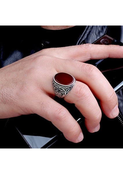 Akik Taşlı Kalem Işleme Motifli 925 Ayar Gümüş Erkek Yüzük indirimleri