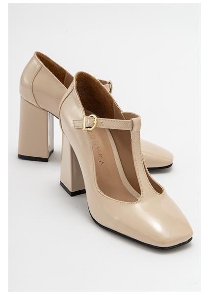 Kadın OMR Bej Rugan Kalın Topuklu Ayakkabı