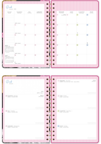 2026 A5 Spiralli Renkli Haftalık Ajanda 12 Aylık – Motivasyon Sayfalı Siyah