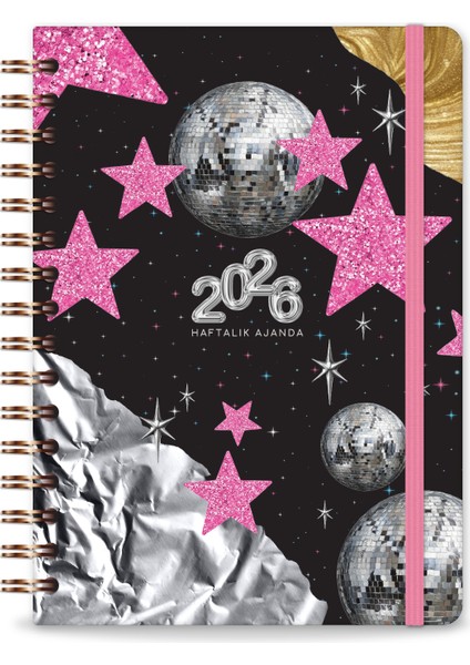 2026 A5 Spiralli Renkli Haftalık Ajanda 12 Aylık – Motivasyon Sayfalı Siyah