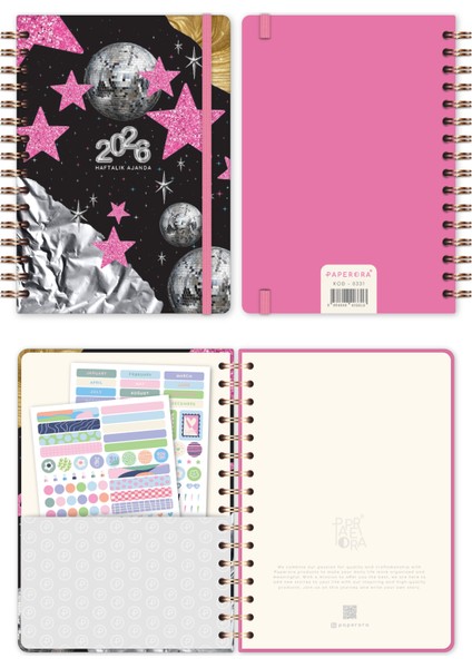 2026 A5 Spiralli Renkli Haftalık Ajanda 12 Aylık – Motivasyon Sayfalı Siyah