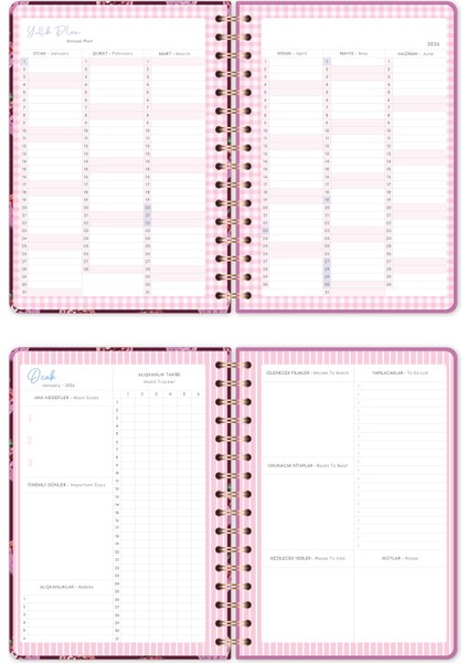 2026 A5 Spiralli Renkli Haftalık Ajanda 12 Aylık – Motivasyon Sayfalı Çilek