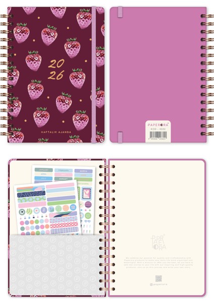 2026 A5 Spiralli Renkli Haftalık Ajanda 12 Aylık – Motivasyon Sayfalı Çilek