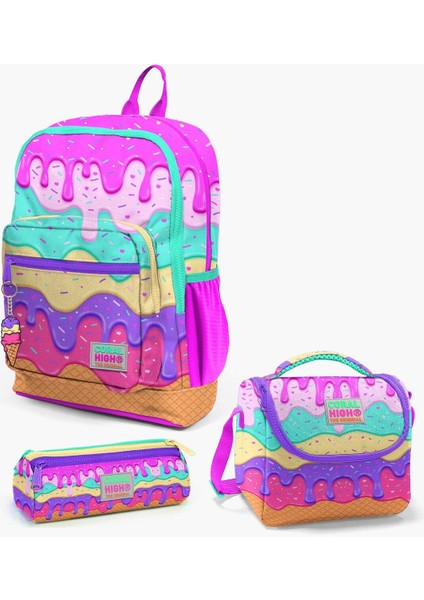 Pembe Rengarenk Dondurma Desenli 3’lü Okul Çanta Seti Ilköğretim Okul Çantası, Beslenme ve Kalemlik