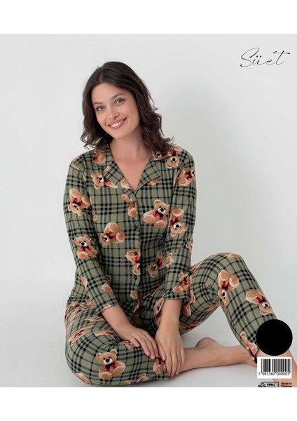 Haki Ekose Ayılı Gömlek Yaka Süet Pijama Takımı