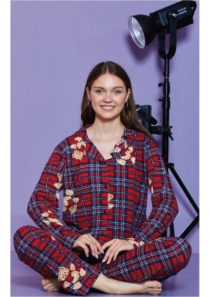 Bordo Ekose Ayılı Gömlek Yaka Pijama Takımı