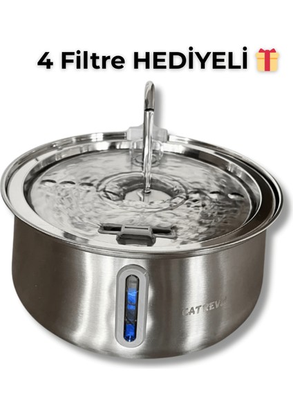 4 L Paslanmaz Çelik Su Pınarı Kedi Köpek Premium Su Çeşmesi Ultra Sessiz Su Sebili 4 Filtre Hediye