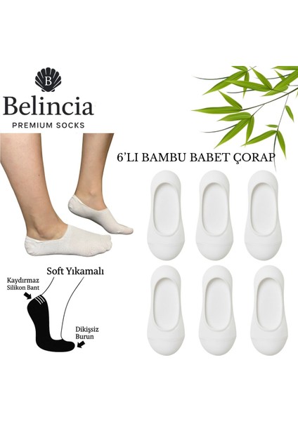 Bambu Erkek Babet Dikişsiz Beyaz Çorap Görünmez Kaydırmaz Topuk Silikonlu 6'lı Paket