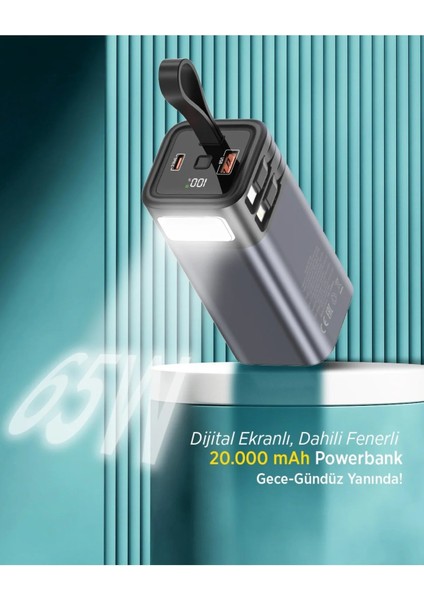 20.000 Mah 65 Watt Hızlı Şarj LED Işıklı Dahili Kablolu Powerbank | Type-C + USB Çıkışlı | Yüksek Kapasiteli Şarj Cihazı