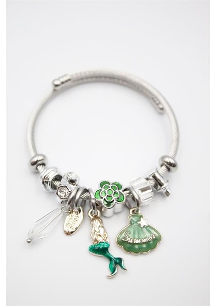 Çelik Charmlı Deniz Kızı Bileklik - Yeşil