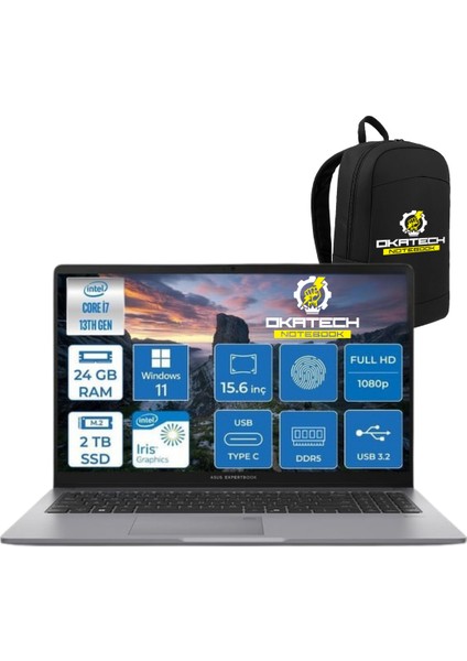 Expertbook P1 P1503 Intel Core I7-13700H 24GB Ddr5 2 TB SSD Wın 11 Pro 15.6 Fhd Intel UHD Taşınabilir Bilgisayar + NOTEBOOK ÇANTASI