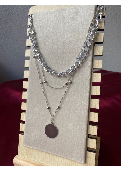 Kararmaz Çelik Pul Detaylı 3 Lü Gümüş Kolye modelleri