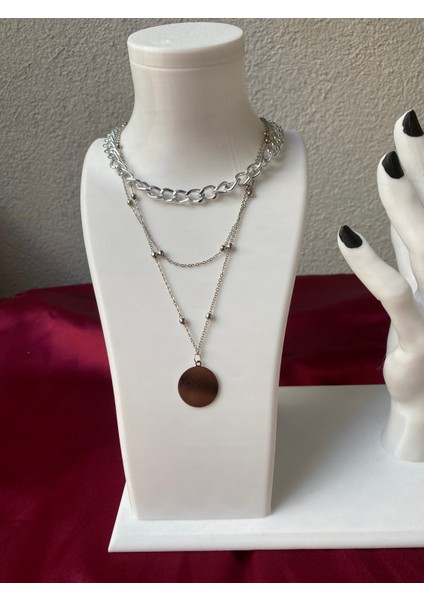 Kararmaz Çelik Pul Detaylı 3 Lü Gümüş Kolye