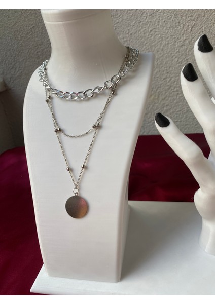 Kararmaz Çelik Pul Detaylı 3 Lü Gümüş Kolye