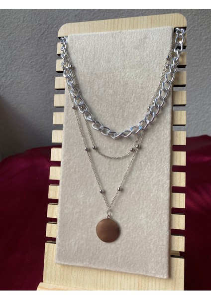 Kararmaz Çelik Pul Detaylı 3 Lü Gümüş Kolye