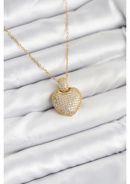 316L Çelik Zincir Gold Renk Zirkon Taşlı Kalpli Kadın Kolye - TJ-BKO10607