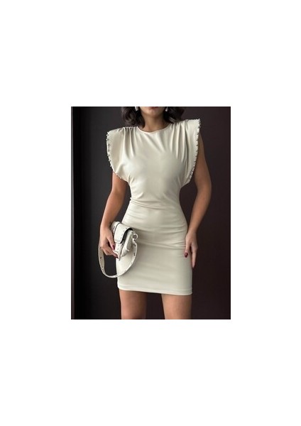 Kadın Vatka Kol Zımba Boncuk Detay Sırtı Açık Tasarım Mini Şık Gece Elbisesi