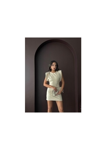 Kadın Vatka Kol Zımba Boncuk Detay Sırtı Açık Tasarım Mini Şık Gece Elbisesi indirimleri