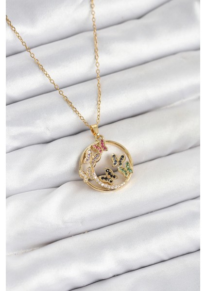 316L Çelik Zincir Gold Renk Zirkon Taşlı Kelebekli Kadın Kolye - TJ-BKO10609