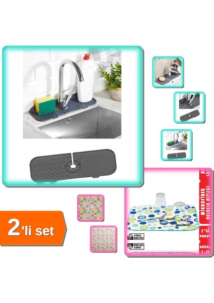 Esnek Musluk Lavabo Matı + Mikrofiber Bulaşık Altlığı - 2li Set QP789