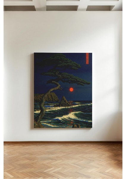 Japon Gece Manzarası - Kanvas Tablo - Kızıl Ay Çam Ağacı Geleneksel Duvar Dekoru