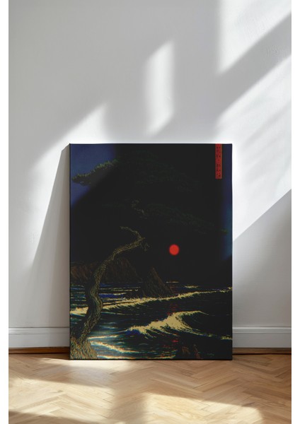 Japon Gece Manzarası - Kanvas Tablo - Kızıl Ay Çam Ağacı Geleneksel Duvar Dekoru fiyatları