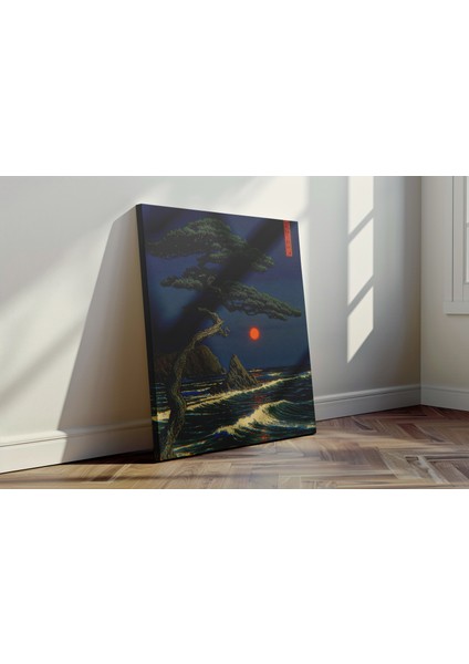 Japon Gece Manzarası - Kanvas Tablo - Kızıl Ay Çam Ağacı Geleneksel Duvar Dekoru fırsatları