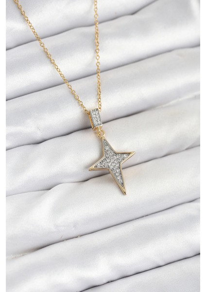 316L Çelik Zincir Gold Renk Kutup Yıldızı Model Zirkon Taşlı Kadın Kolye - TJ-BKO10610
