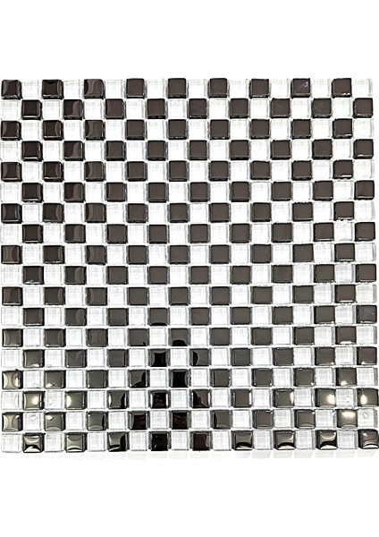 Mutfak Tezgah Arası ve Iç Dekorasyon Için 15X15MM. Beyaz - Gümüş Krom Damalı 30X30CM. Fileli Kristal Cam Mozaik ( 11 File Karo = 1m2 Fiyatıdır. )