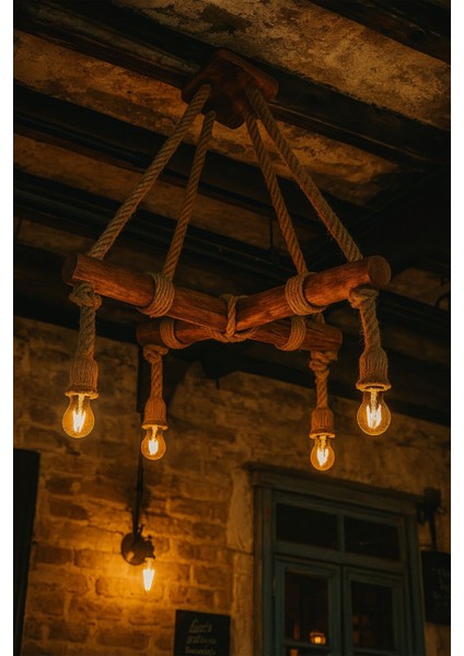 Rustik Halatlı Avize El Yapımı Dekoratif Aydınlatma Kafe Ofis Ev Için 4 Lü Ahşap Avize