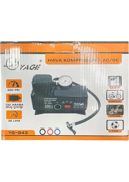 220 Volt-12 Volt 250 Psi Kompresör Lastik Hava Şişirme Oto Pompası Fişli ve Çakmaklı YAGE-843 (5286)