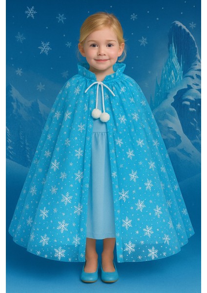 Frozen Elsa Tarzı 80 cm Mavi Kar Taneli Pelerin – Kız Çocuk Kostüm Temalı Parti Aksesuarı 5-9 Yaş