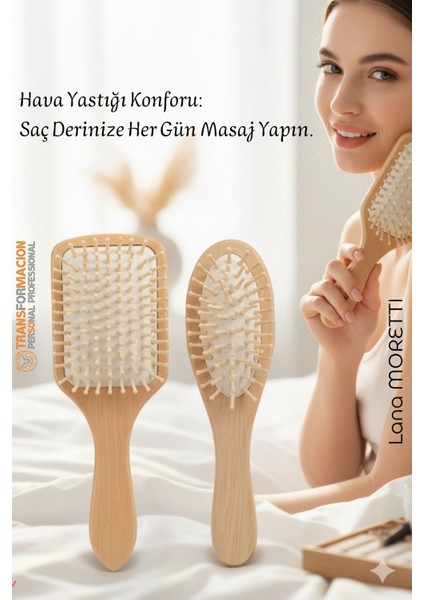 Doğal Ahşap Antistatik Hava Yastıklı Saç Fırçası (2 Boy: 23X8 & 22X6 Cm) - 722280