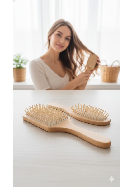 Doğal Ahşap Antistatik Hava Yastıklı Saç Fırçası (2 Boy: 23X8 & 22X6 Cm) - 722280 modelleri