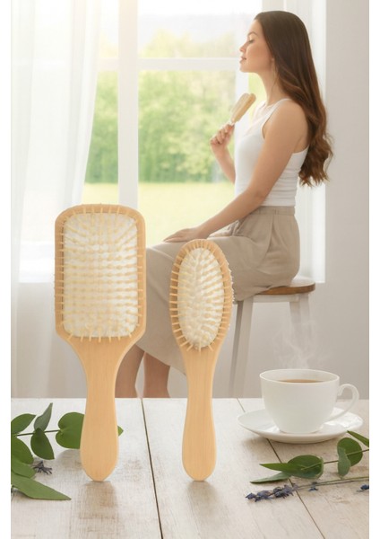 Doğal Ahşap Antistatik Hava Yastıklı Saç Fırçası (2 Boy: 23X8 & 22X6 Cm) - 722280