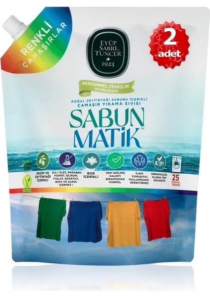 - X2 Adet Sabun Matik™doğal Zeytinyağlı Çamaşır Yıkama Sıvısı Renkliler 1,5 Lt