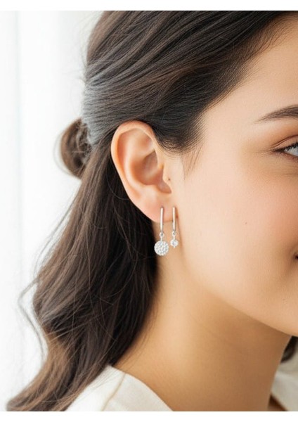 Kadın 925 Aayr Gümüş Yuvarlak Asılı Zirkon Taşlı Küpe,Sivgililer günü hediyesi