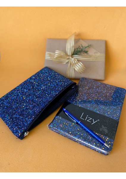 Simli Kapaklı Defter, Makyaj / Kalem Çantası ve 1 Adet Kalem Hediyelik Set Lacivert