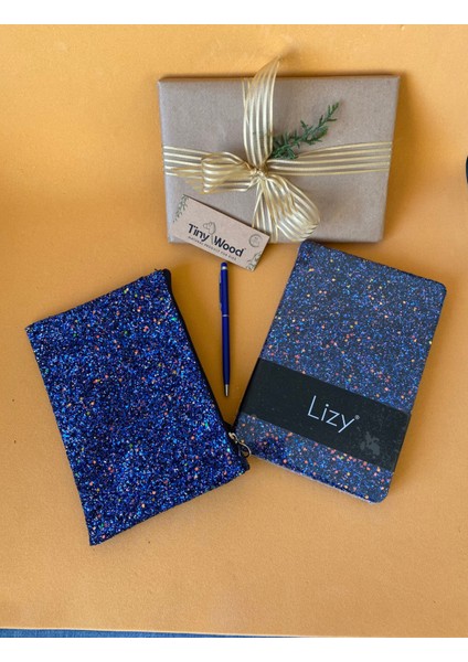 Simli Kapaklı Defter, Makyaj / Kalem Çantası ve 1 Adet Kalem Hediyelik Set Lacivert indirimleri