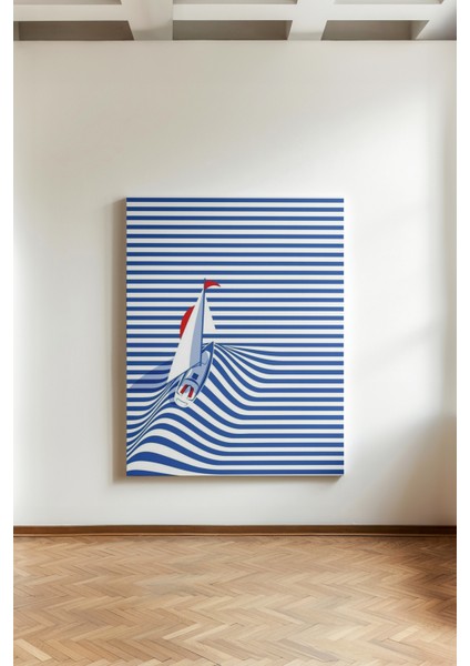 Optik Yelkenli - Kanvas Tablo - Mavi Beyaz Çizgili Modern Duvar Dekoru