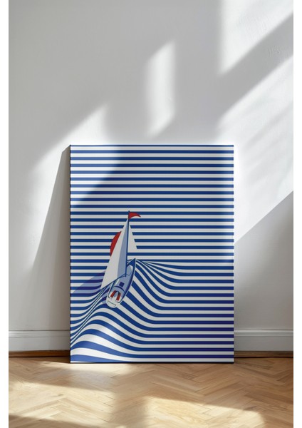 Optik Yelkenli - Kanvas Tablo - Mavi Beyaz Çizgili Modern Duvar Dekoru fiyatları