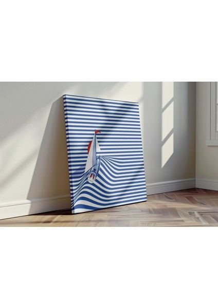 Optik Yelkenli - Kanvas Tablo - Mavi Beyaz Çizgili Modern Duvar Dekoru fırsatları