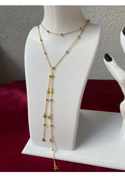Kararmaz Çelik Yıldız Detaylı Gold Y Kolye