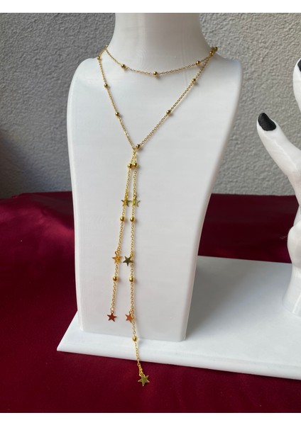 Kararmaz Çelik Yıldız Detaylı Gold Y Kolye modelleri