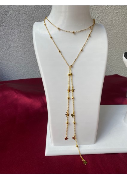 Kararmaz Çelik Yıldız Detaylı Gold Y Kolye indirimleri