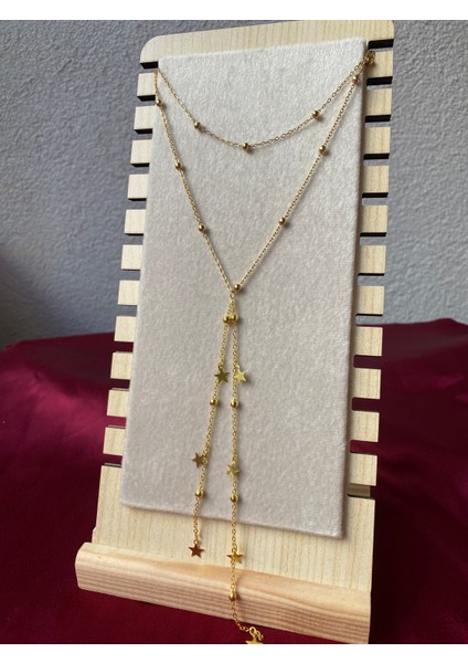 Kararmaz Çelik Yıldız Detaylı Gold Y Kolye