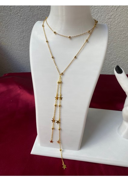 Kararmaz Çelik Yıldız Detaylı Gold Y Kolye