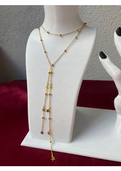 Kararmaz Çelik Yıldız Detaylı Gold Y Kolye